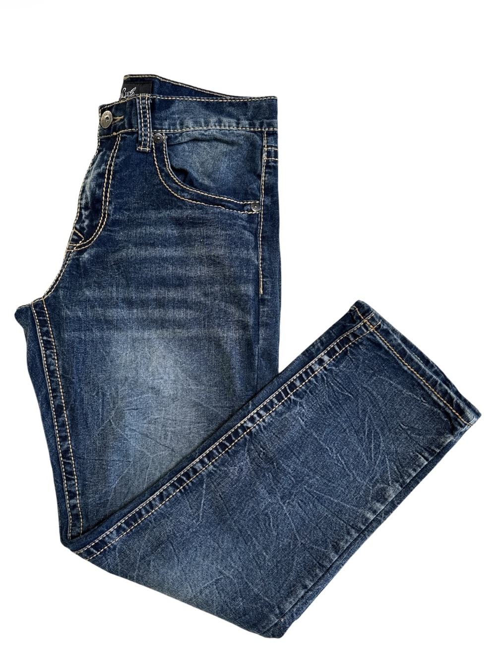 True Luck Mens 32x30 Blue Bootcut Whiskered Stretch Jeans Embroidered Pockets
